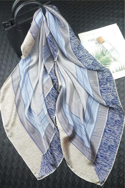 Foulard Shawl Silk Satin Abstract Classic Geometric 110X110 Blue Grey